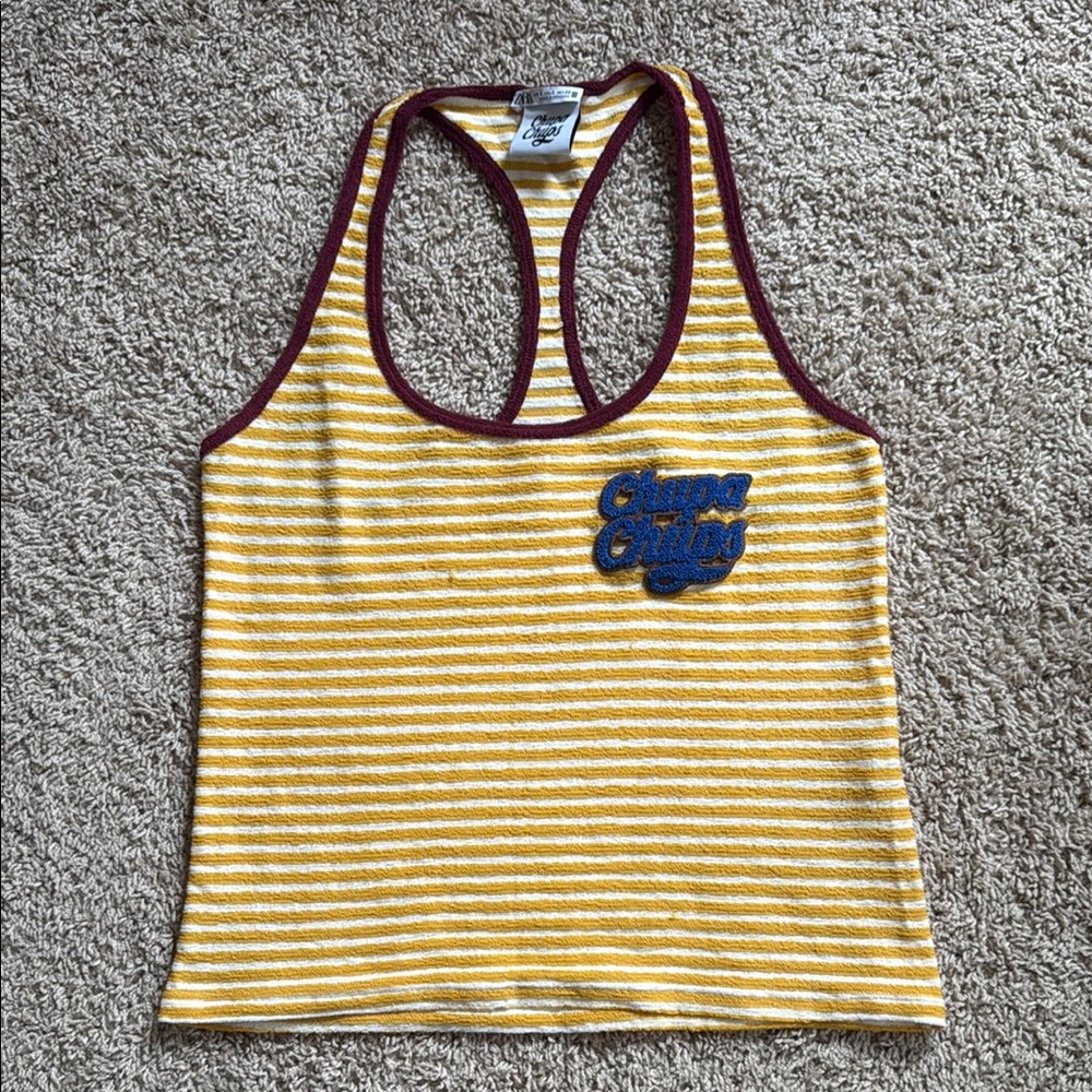 Zara Yellow & White Striped Racerback Tank Top with Maroon Trim
